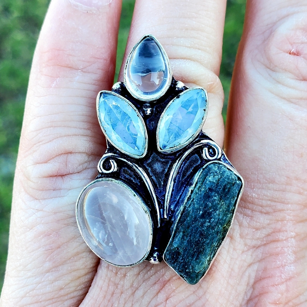 New Rose Quartz, Kyanite, Milky Opal 925 Silver Ring.